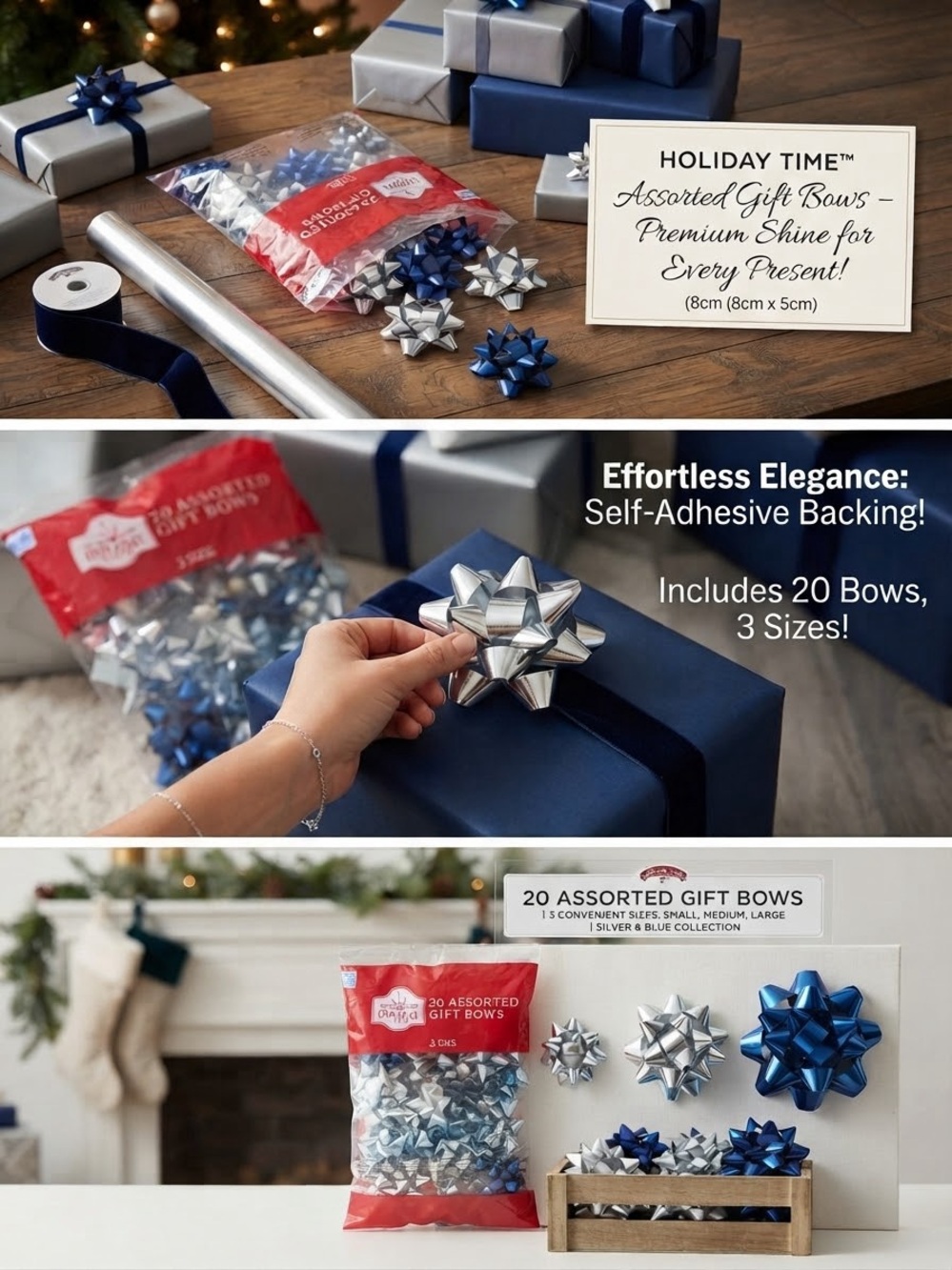 Holiday Time Self-Adhesive Gift Bows 20ct Blue/Silver 3 Sizes Christmas